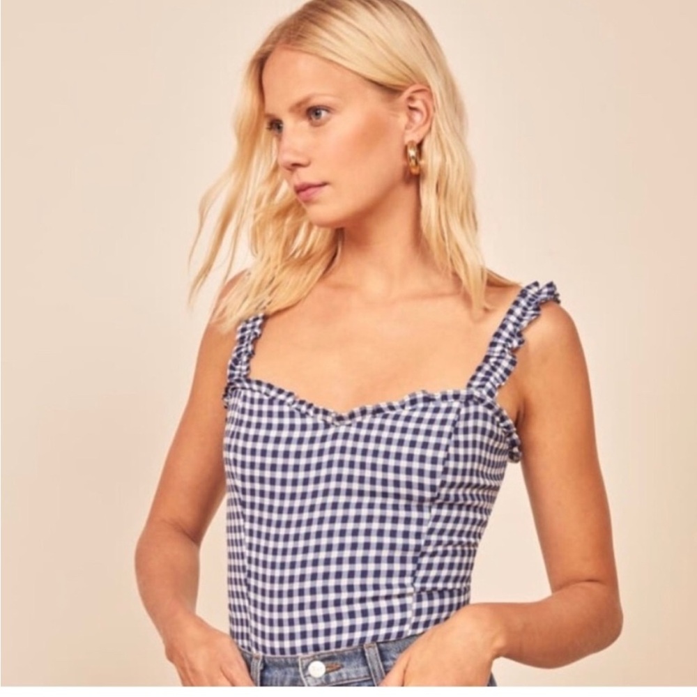 Reformation Navy and White Gingham Top